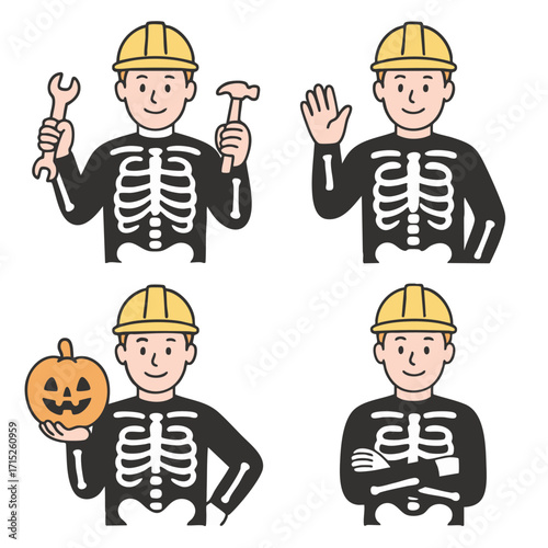 Coloring book coloring page featuring worker in skeleton costume with transperency effect
