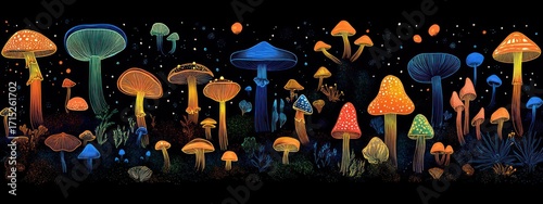 Colorful glowing mushrooms of various shapes and sizes against a dark starry background, creating a magical and mysterious night forest atmosphere