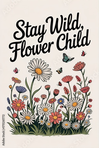 Stay Wild Flower Child with Daisies and Butterflies in a Retro S