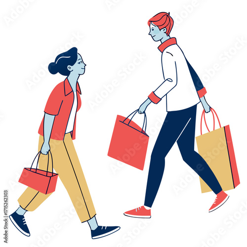A stylish couple is walking with shopping bags, the woman is wearing a red shirt and yellow pants, while the man is wearing a white shirt and blue pants