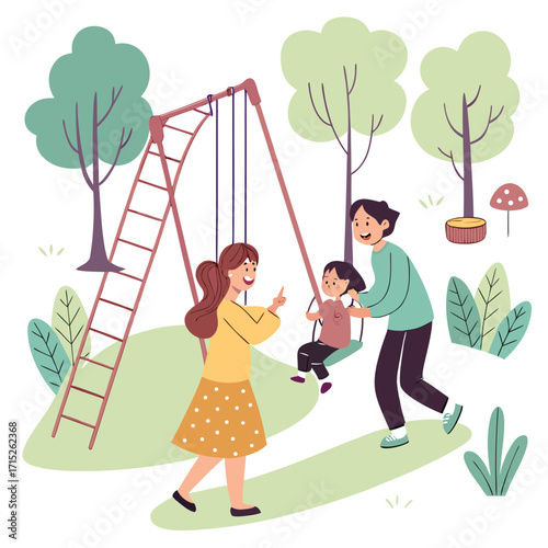 Family is playing with their child on the playground, pushing him on a swing and having fun together, vector illustration