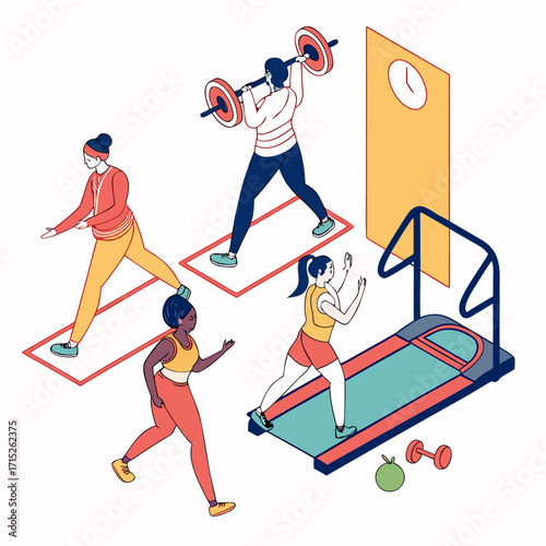 Isometric illustration of people doing different types of exercises at the gym, treadmill, weightlifting, and running are featured in this vector