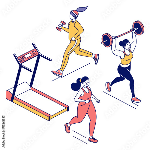 Isometric illustration of women doing different types of exercises at the gym, treadmill, weightlifting, and running are featured in this vector