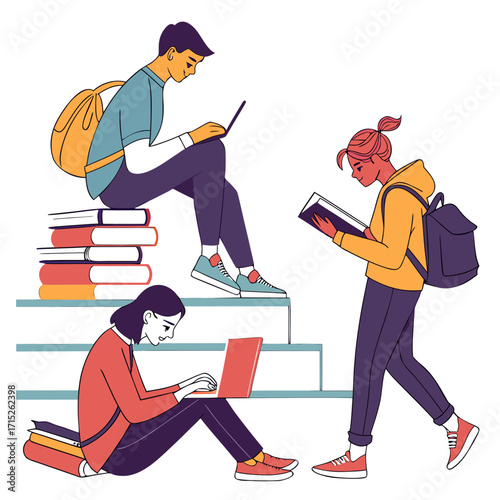 Students are studying together, sitting on a stack of books and using laptops, while one student is reading a book, vector illustration