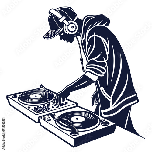 A captivating silhouette illustration portrays a dj immersed in his craft, expertly manipulating turntables with headphones, embodying the vibrant energy of hiphop music