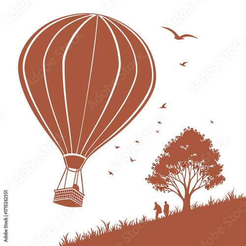 A captivating silhouette illustration showcases a hot air balloon gracefully soaring above a picturesque landscape, with birds in flight and a couple near a tree