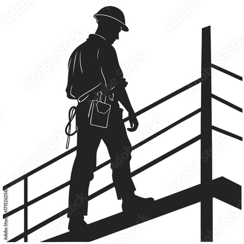 A construction worker ascends the scaffolding, his silhouette a testament to hard work and dedication, each step is a stride towards progress