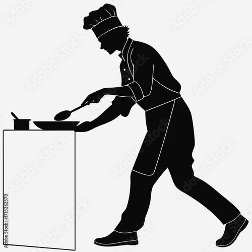 A chef in uniform walks with a spoon in his hand, next to a table, creating a culinary scene that evokes the art of cooking and gastronomy