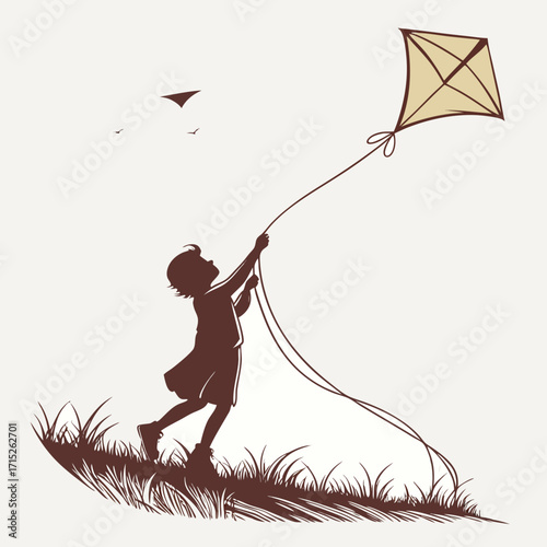 A silhouette of a child running uphill, joyfully flying a kite against a plain background, capturing the essence of carefree childhood, outdoor play, and the simple pleasures of life