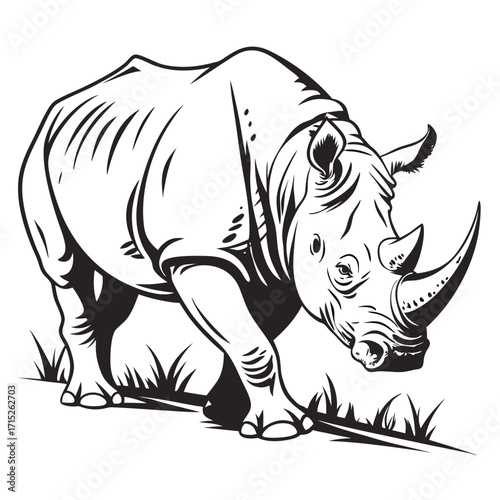 A striking black and white vector illustration of a rhinoceros, showcasing its powerful build and distinctive horn, the rhino stands amidst sparse grass