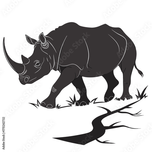 A striking silhouette of a rhinoceros gracefully walking, its powerful form accentuated by the stark contrast against the, creating a captivating