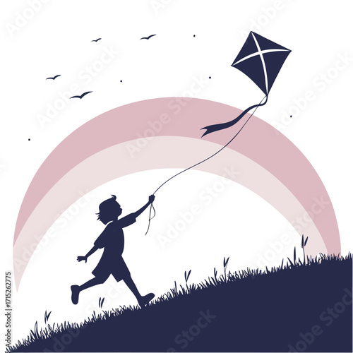 A young boy is running up a grassy hill, flying a kite against a backdrop of a pastel rainbow and birds in silhouette, capturing a carefree moment of childhood joy and outdoor adventure
