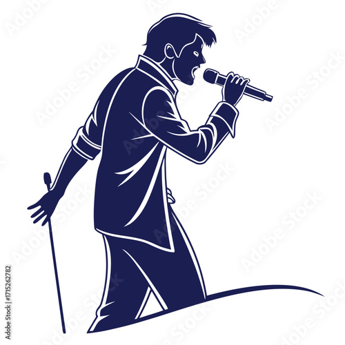 Illustration of a charismatic male singer performing on stage, holding a microphone and cane, exuding confidence and passion vector silhouette
