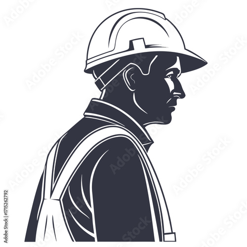 Illustration of a construction worker wearing a hard hat and safety vest, viewed from the side, showcasing the silhouette against an, vector art