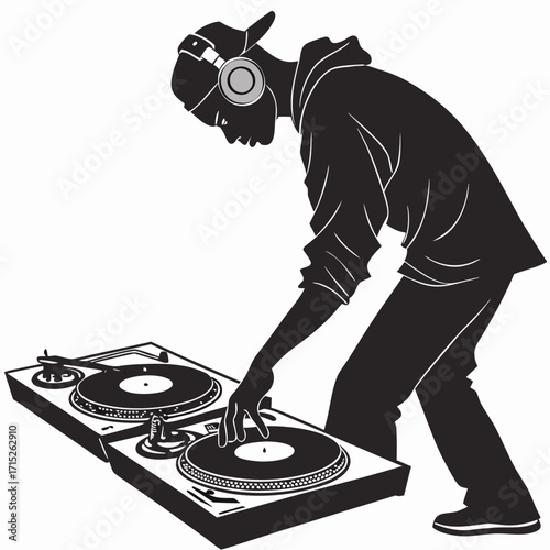 Silhouette of a dj playing music on turntables the dj is wearing headphones and a cap, and is focused on the music the turntables are black and white