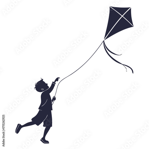 Silhouette of a boy flying a kite the boy is running and holding the kite string, looking up at the kite the kite is diamondshaped with a tail