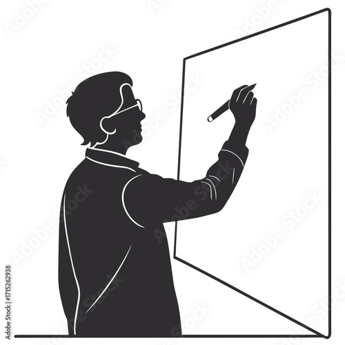 Silhouette of a man writing on a whiteboard he is wearing glasses and a jacket, and is holding a marker in his right hand he is standing in front of the board
