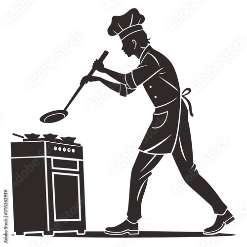 Silhouette of a chef cooking on a stove, wearing a hat and apron, stirring food in a pan with a spatula, creating a culinary masterpiece