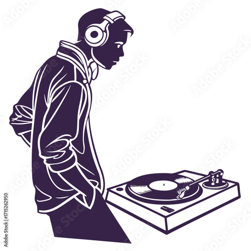Silhouette of a dj playing music on turntable the dj is wearing headphones and a jacket, and is focused on the music the turntable is black and white