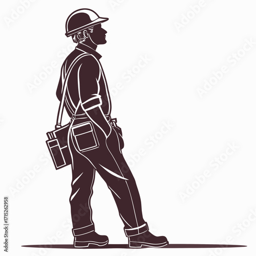 Silhouette of a construction worker standing with a tool bag, wearing a hard hat, a simple yet striking design for industrial projects