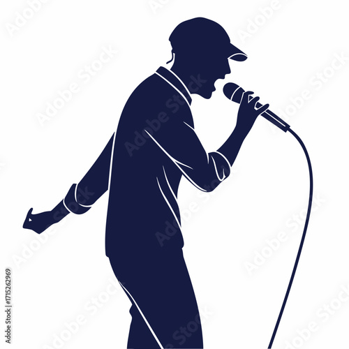 Silhouette of a male singer with a cap, holding a microphone and singing with passion, the singer is expressing himself through music and performance