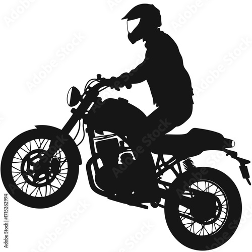 Silhouette of a motorcyclist riding a motorbike, the rider is wearing a helmet and protective gear, showcasing speed and freedom on the open road
