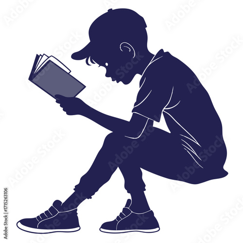 Silhouette of a young boy wearing a cap, absorbed in reading a book, a simple yet powerful image conveying the importance of literacy