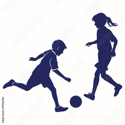 Silhouette of children playing soccer a boy kicking the ball and a girl running vector illustration of kids playing football