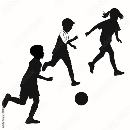 Silhouette of children playing soccer three kids are running after a ball the image is a simple black and white design, perfect for use in a variety of projects