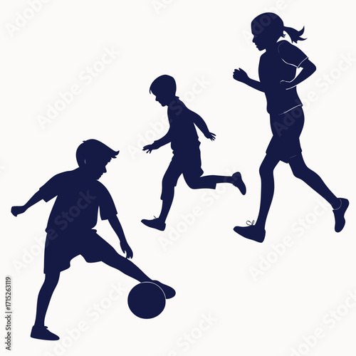 Silhouette of three children playing soccer two boys and one girl are running and kicking the ball they are all wearing shorts and tshirts