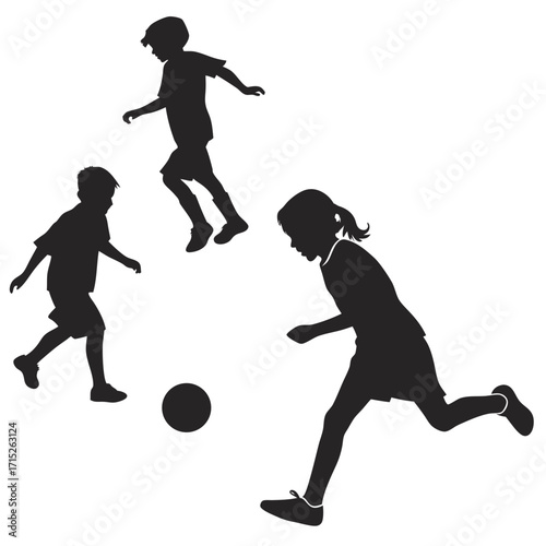 Silhouette of three children playing soccer a girl with a ponytail and two boys are running and kicking the ball, having fun and enjoying the game