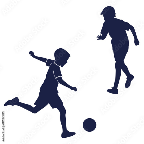 Silhouette of two boys playing soccer one boy is kicking the ball, and the other boy is running towards the ball they are both wearing shorts and tshirts