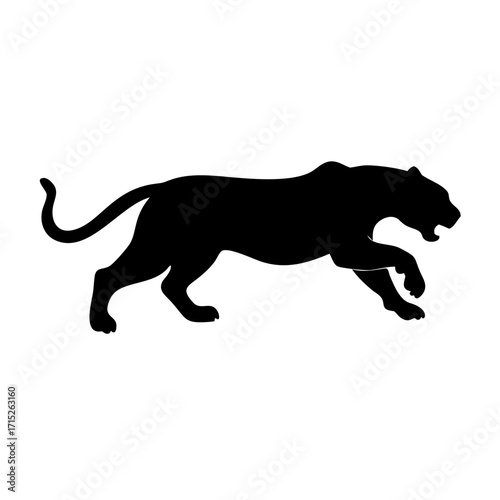 A dynamic black panther silhouette, depicted in midleap, embodying agility and ferocity, with sharp details accentuating its muscular form and predatory nature