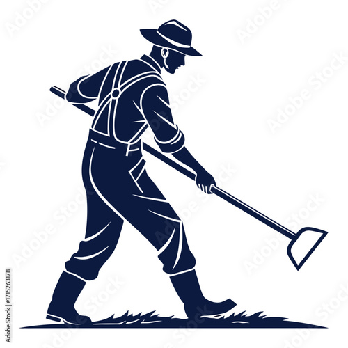 Illustration of a farmer working in the field with a hoe the farmer is wearing a hat and overalls, and he is working hard to weed the garden