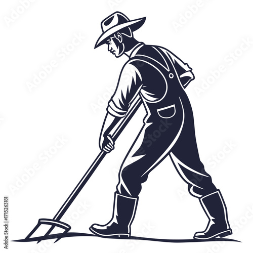 Illustration of a farmer working in the field with a pitchfork the farmer is wearing a hat and overalls, and he is working hard to till the soil