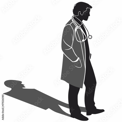 A male doctor in a lab coat and stethoscope stands with hands in pockets, casting a shadow, , representing the weight and responsibility of the medical profession