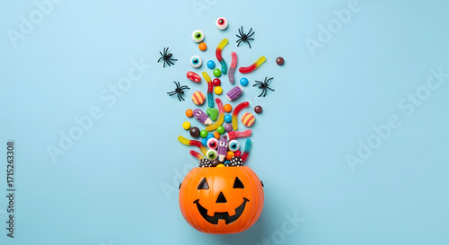 Spooky halloween jack o lantern bucket overflowing with colorful candy and creepy eyeballs