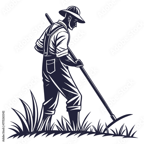 Silhouette of a farmer working diligently in the field, tending to his crops with care, his weathered hands and determined gaze