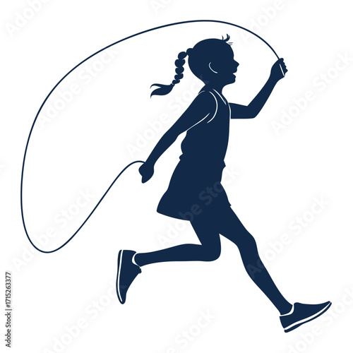 Silhouette of a girl skipping rope with a playful leap, the image captures the essence of childhood joy and the benefits of physical activity