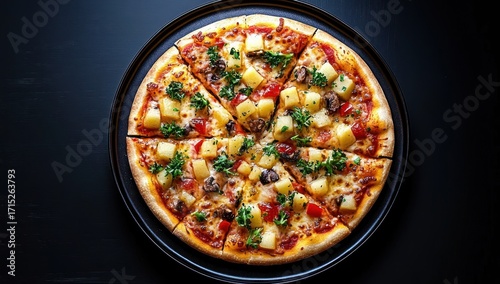 Delicious pizza with pineapple chunks, mushrooms, red bell peppers, melted cheese, and fresh parsley on a black plate