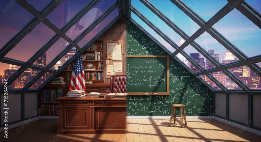 Obraz premium A meticulously detailed study or classroom setting, featuring a wood desk, a chalkboard covered in mathematical equations, and a city view through expansive skylights.