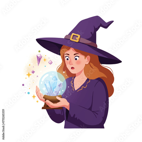 A whimsical witch holds a glowing crystal ball, intently gazing with a curious expression in this vibrant flat 2D vector illustration, surrounded by floating magical dust.