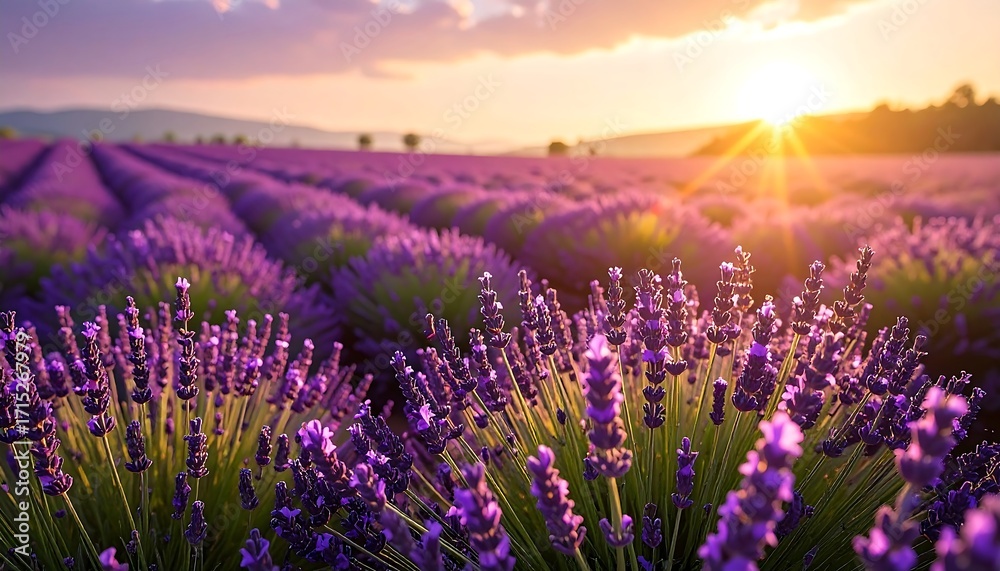 Naklejka premium A vibrant field of purple lavender stretches toward the horizon, illuminated by a warm sunset. Rows of flowers create a scenic view