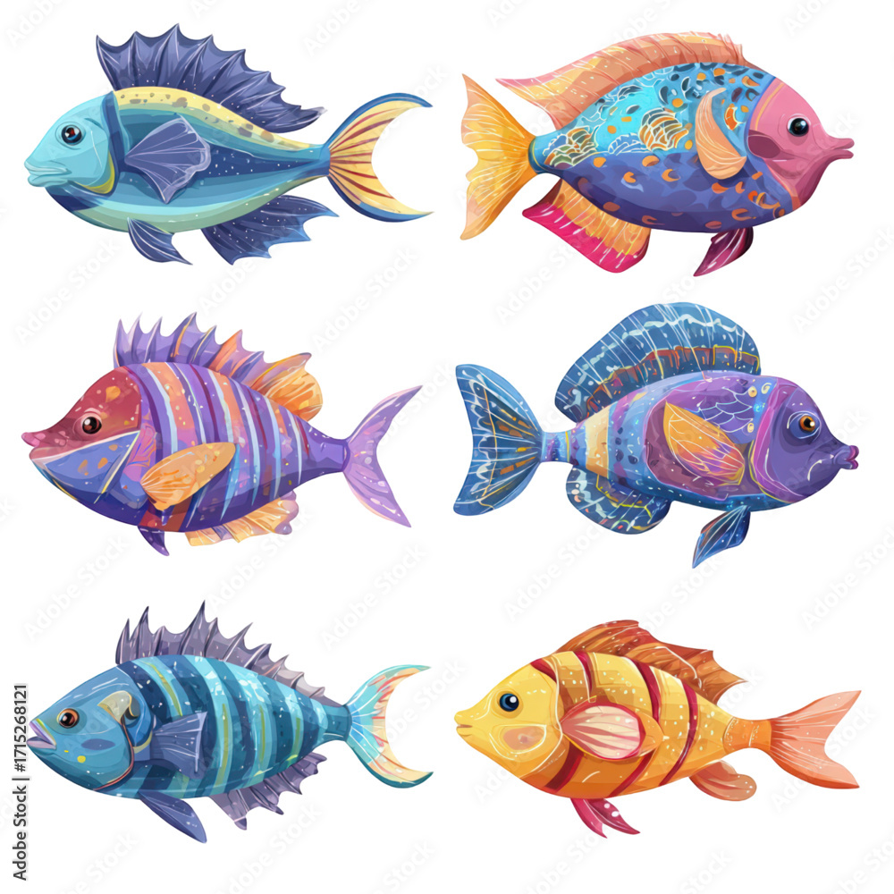 Fototapeta premium Collection of six colorful stylized fantasy fish illustrations.
