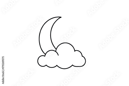 Dreamy night sky outline, a crescent moon peeks from behind a soft cloud, evoking tranquility and wonder perfect for children's designs and bedtime stories