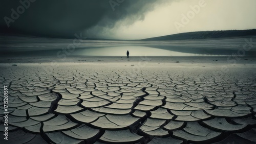 A lone figure stands on cracked earth, facing a calm, reflective lake under a somber sky