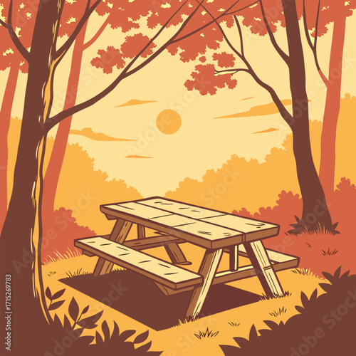 Picnic table in a forest clearing at sunset nature