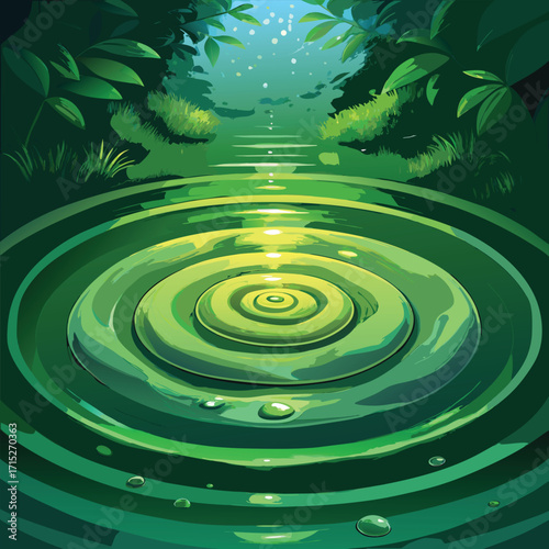Ripples on a dark green pond with foliage and light