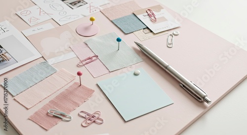 Creative Designer Mood Board with Pastel Fabric Swatches and Sketches