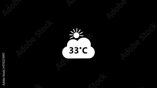 White sun icon over a cloud showing 33 degrees Celsius temperature on a black background weather